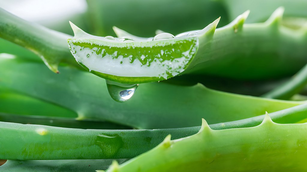 ufgeschnittenes Aloe-vera-Blatt mit frischem Gel und Wassertropfen für natürliche Hautpflege